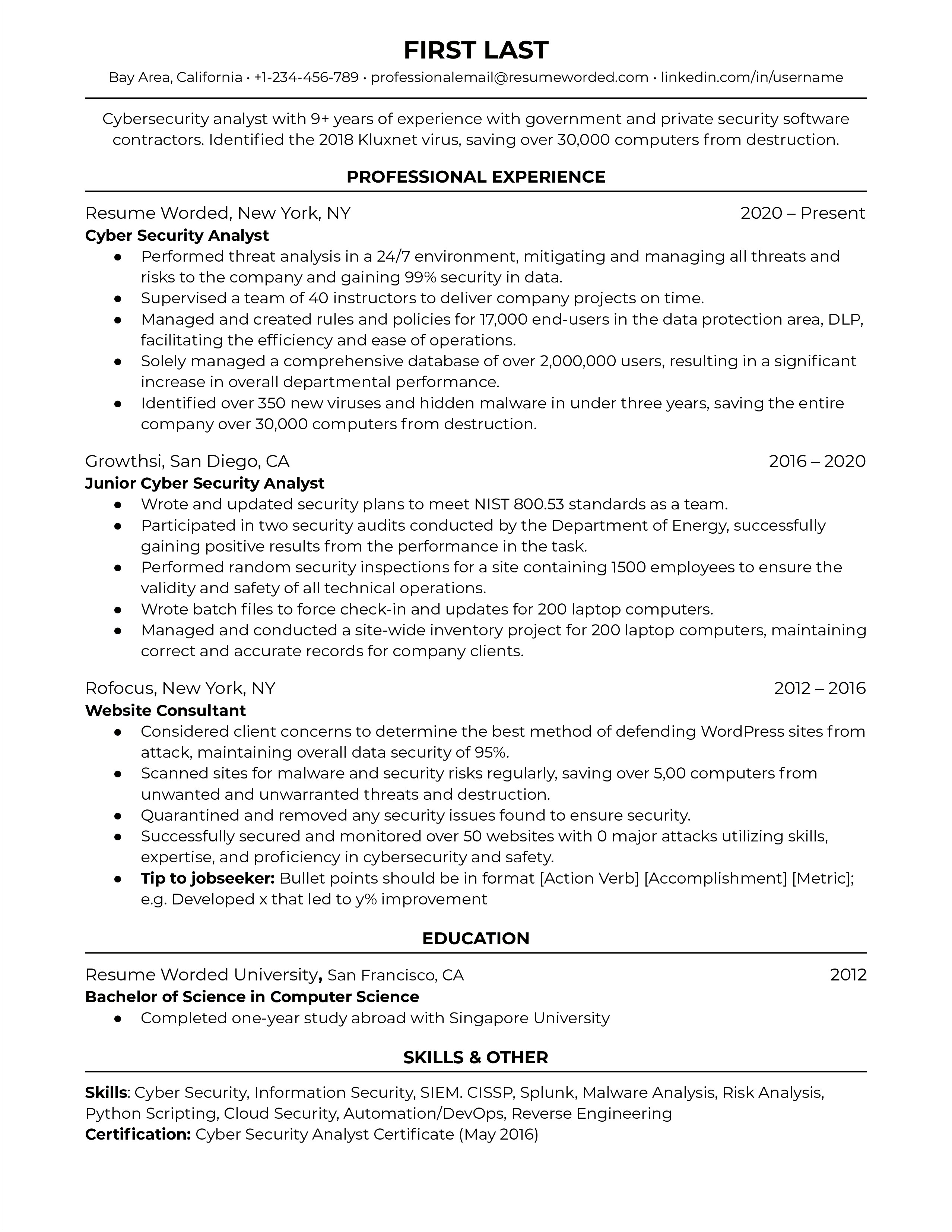 Resume Example For A Cyber Secuirty Person