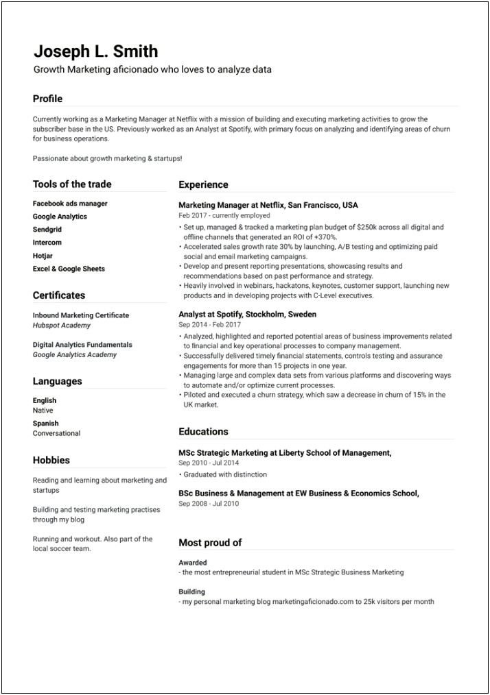 Resume Example For A Marketing Analyst