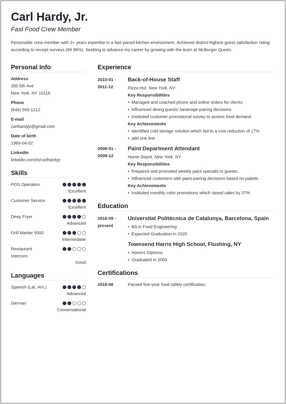 Resume Example For A Wendy's Manager