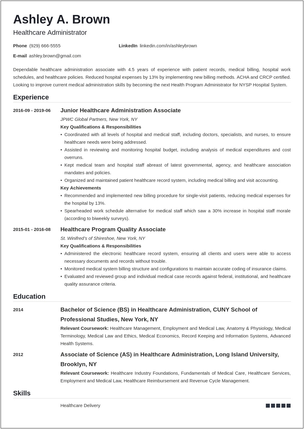 Resume Example For College Graduate Healthcare