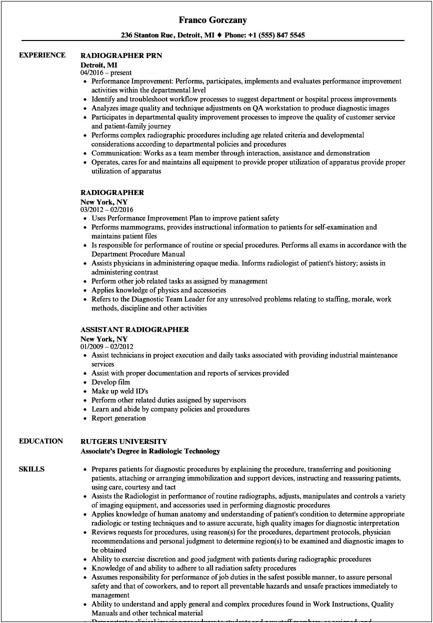 Resume Example For College Student Radiology Technician