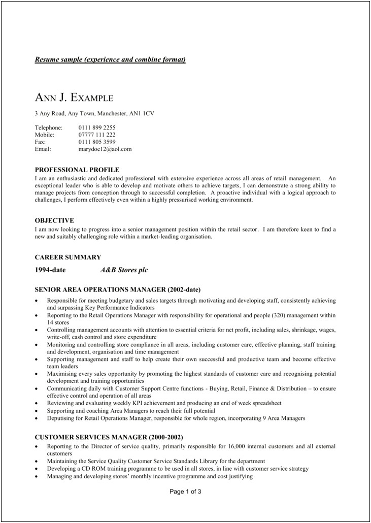 Resume Example For Customer Service Manager