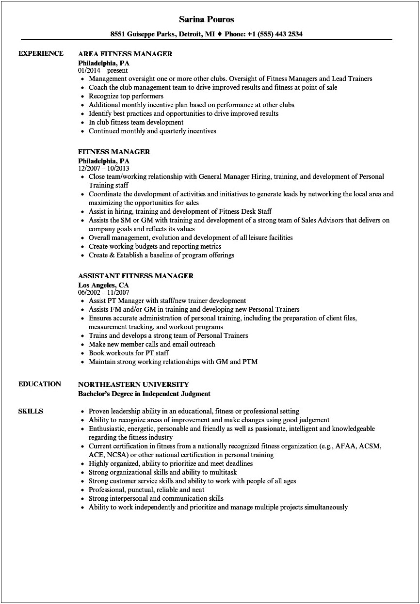 Resume Example For Gym Membership Sales Job