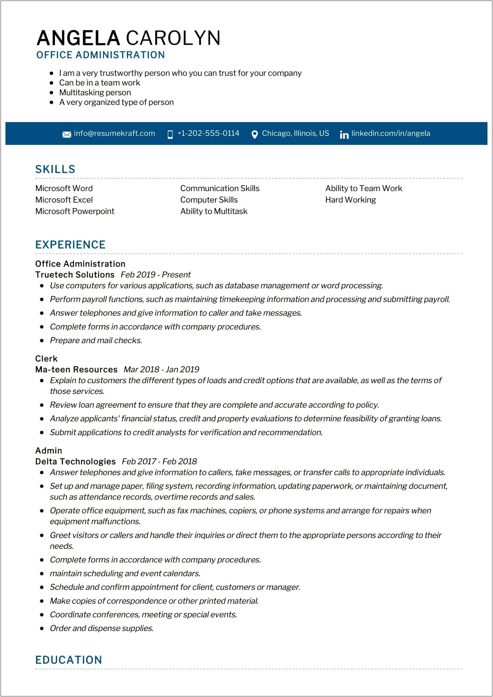 Resume Example For Hospitality And Office Administration