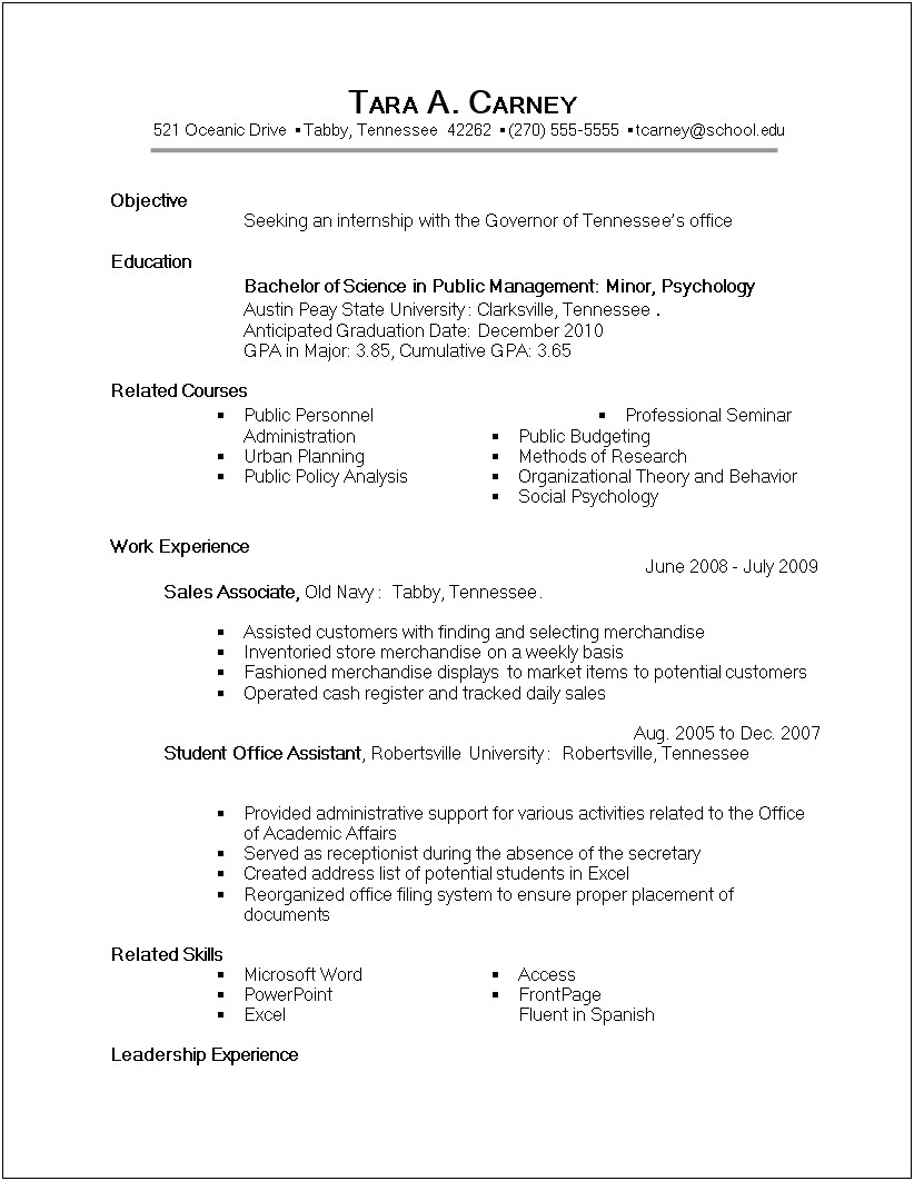 Resume Example For Public Relations Internship