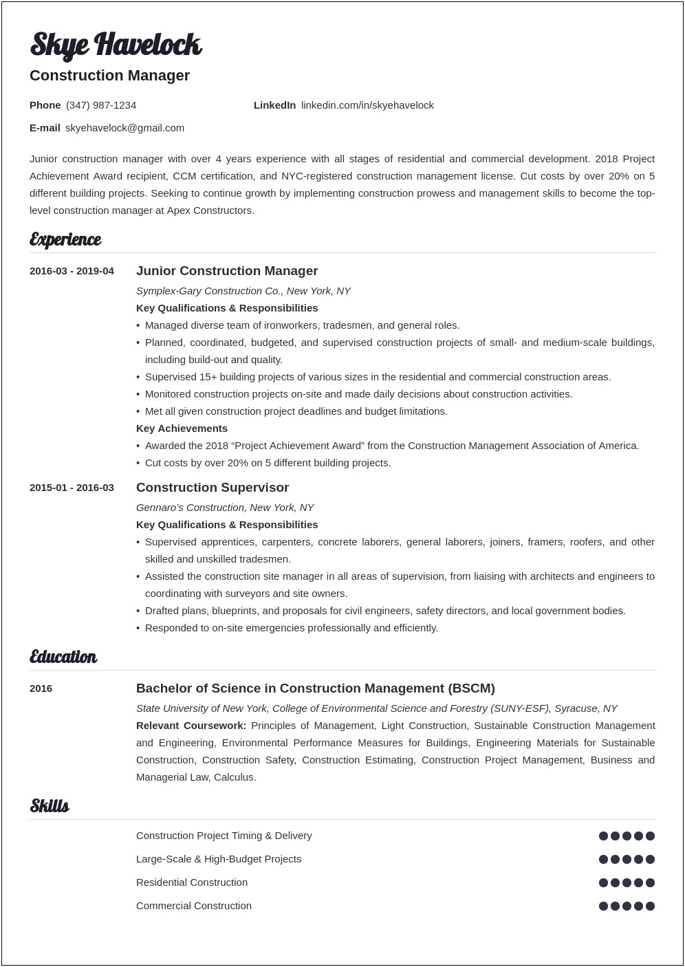 Resume Example For Recent Construction Manager Graduate