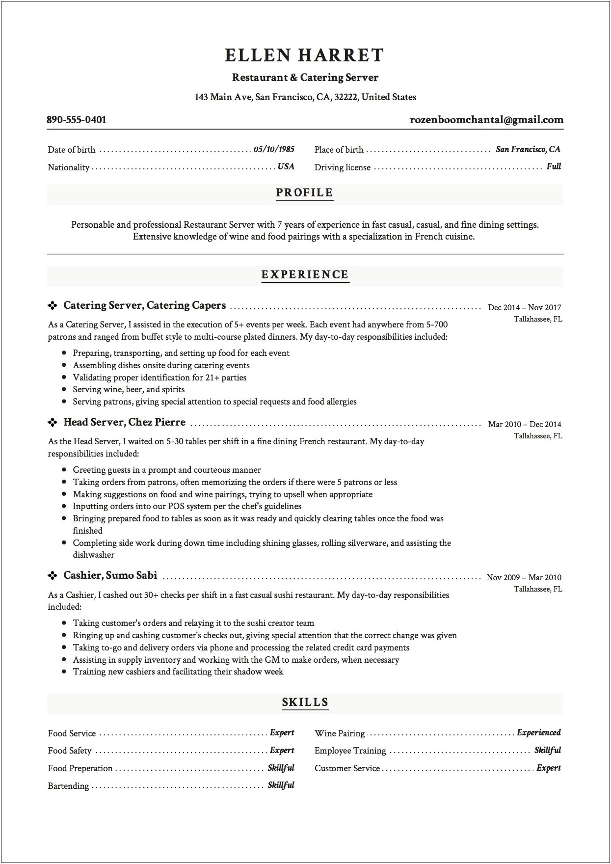 Resume Example For Skills From Server