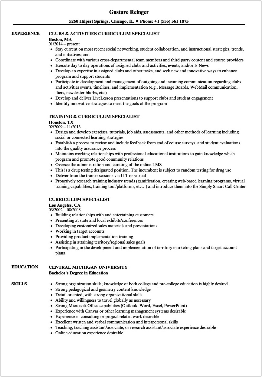 Resume Example For Training And Curriculum Developer