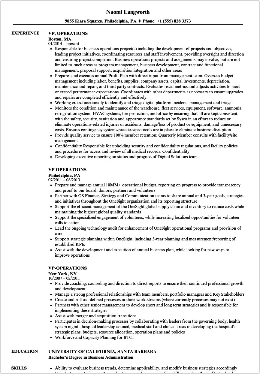 Resume Example For Vp Of Operations Recruiting Staffing