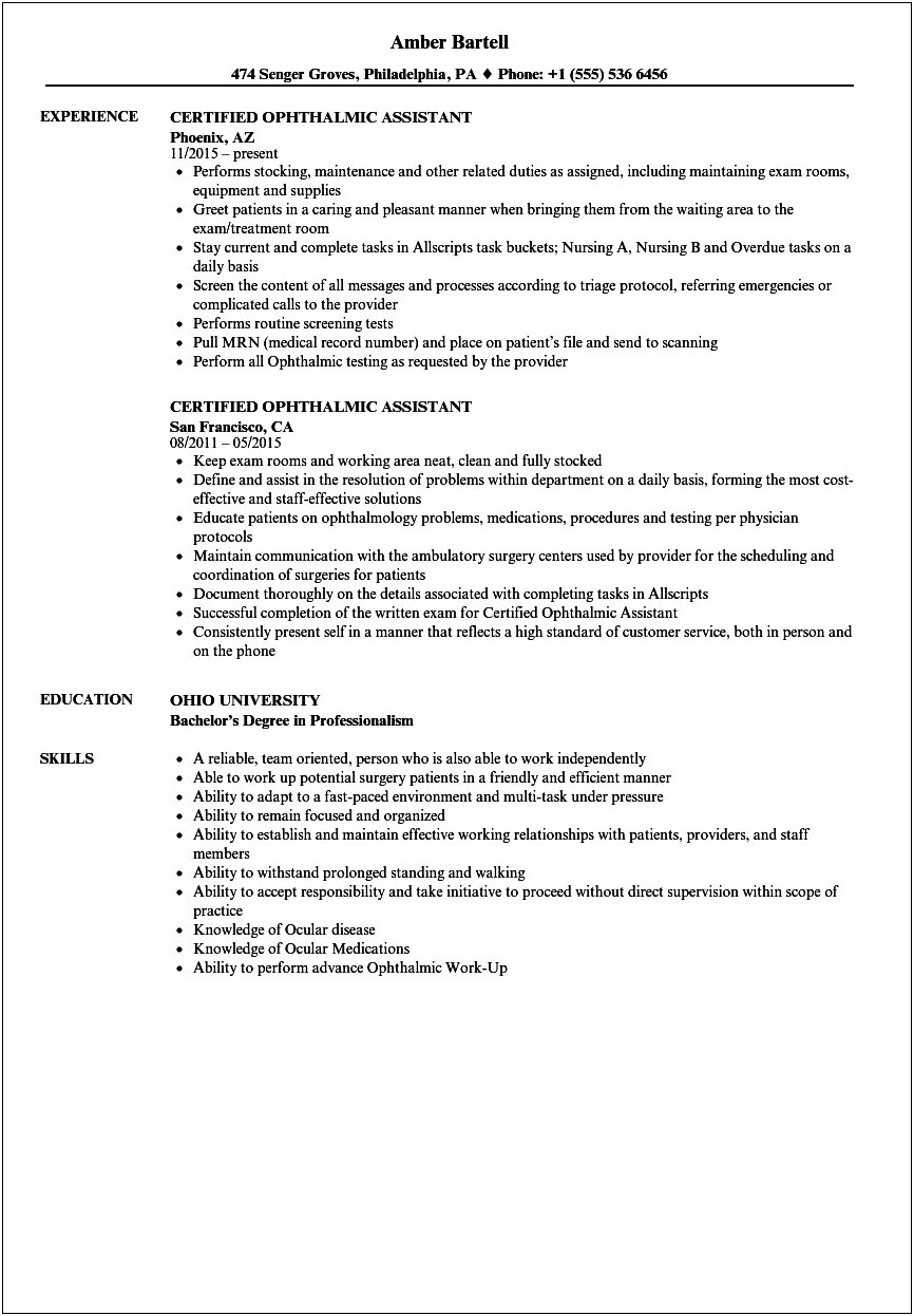 Resume Example For Working In Ophthalmologist Clinic Experience