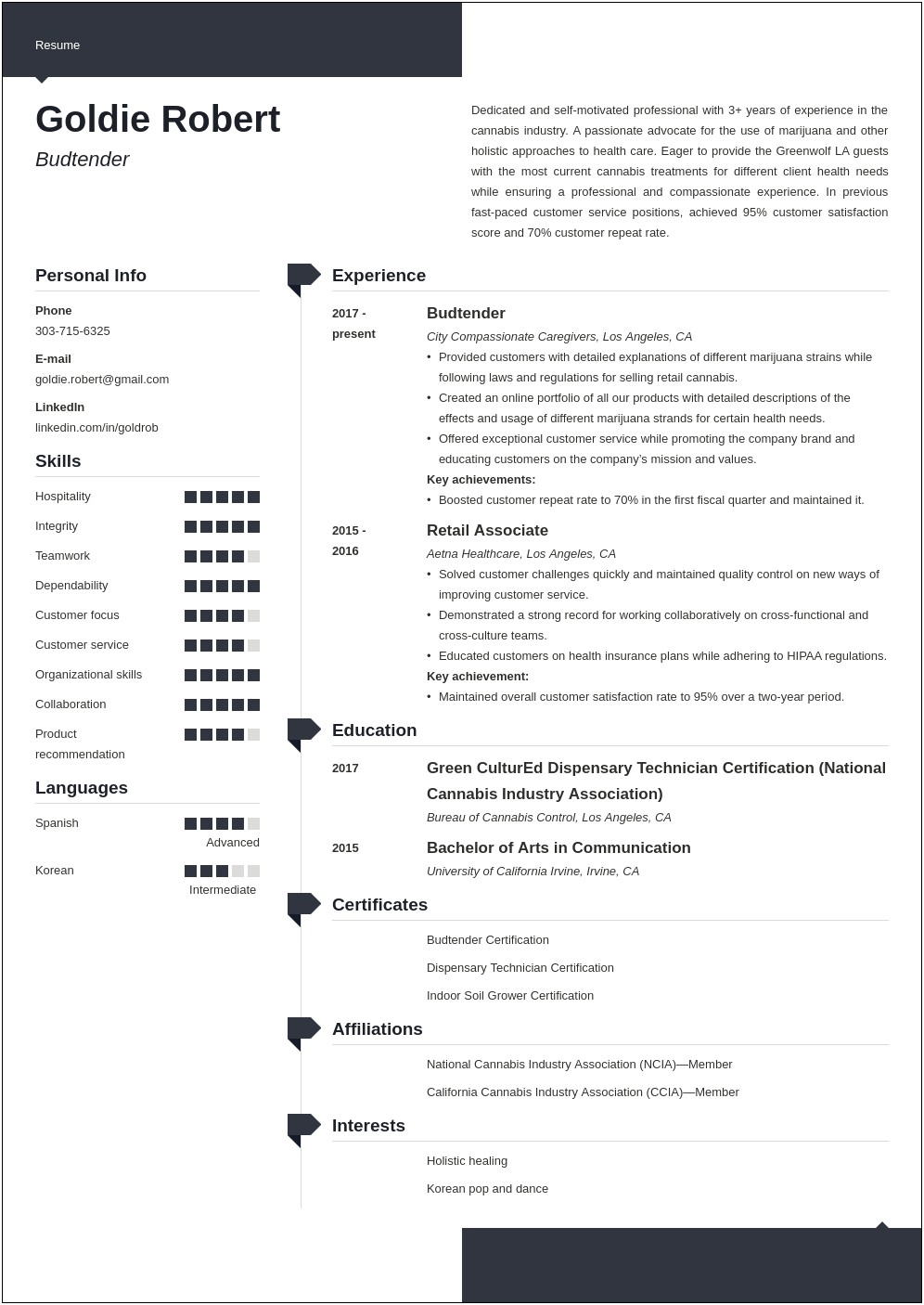 Resume Example Hemp Cannabis Entry Level