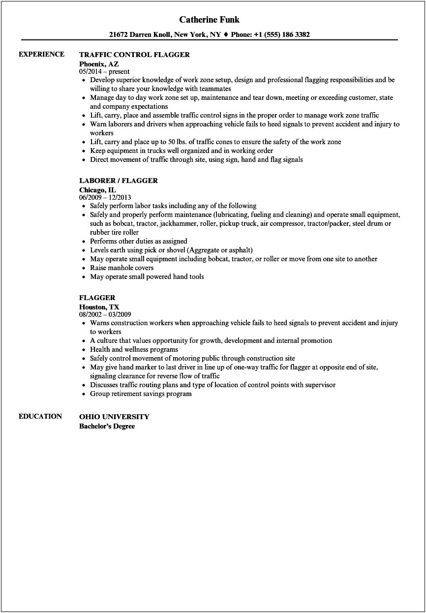 Resume Example Objective Flag Person For Transit Center