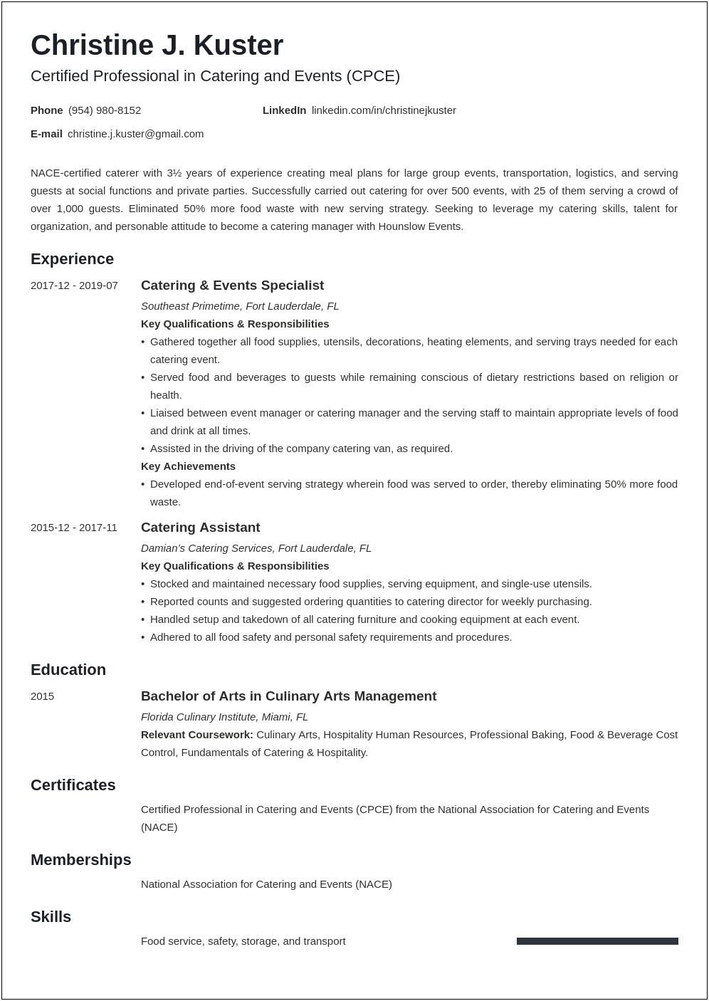 Resume Example Of A Catering Supervisor