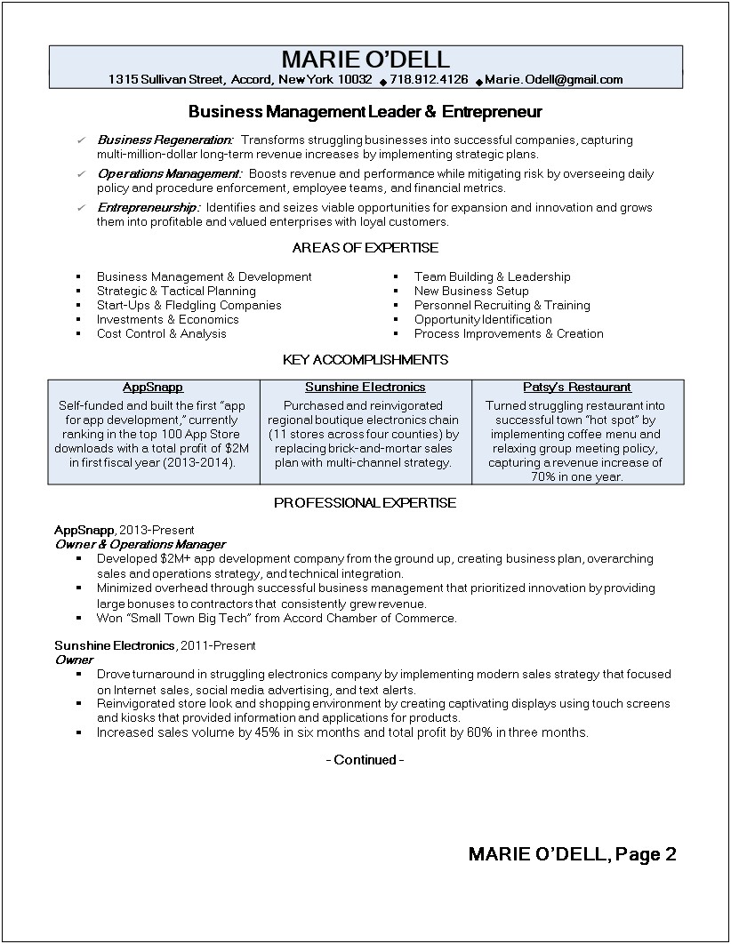 Resume Example Of Small Buisness Owner