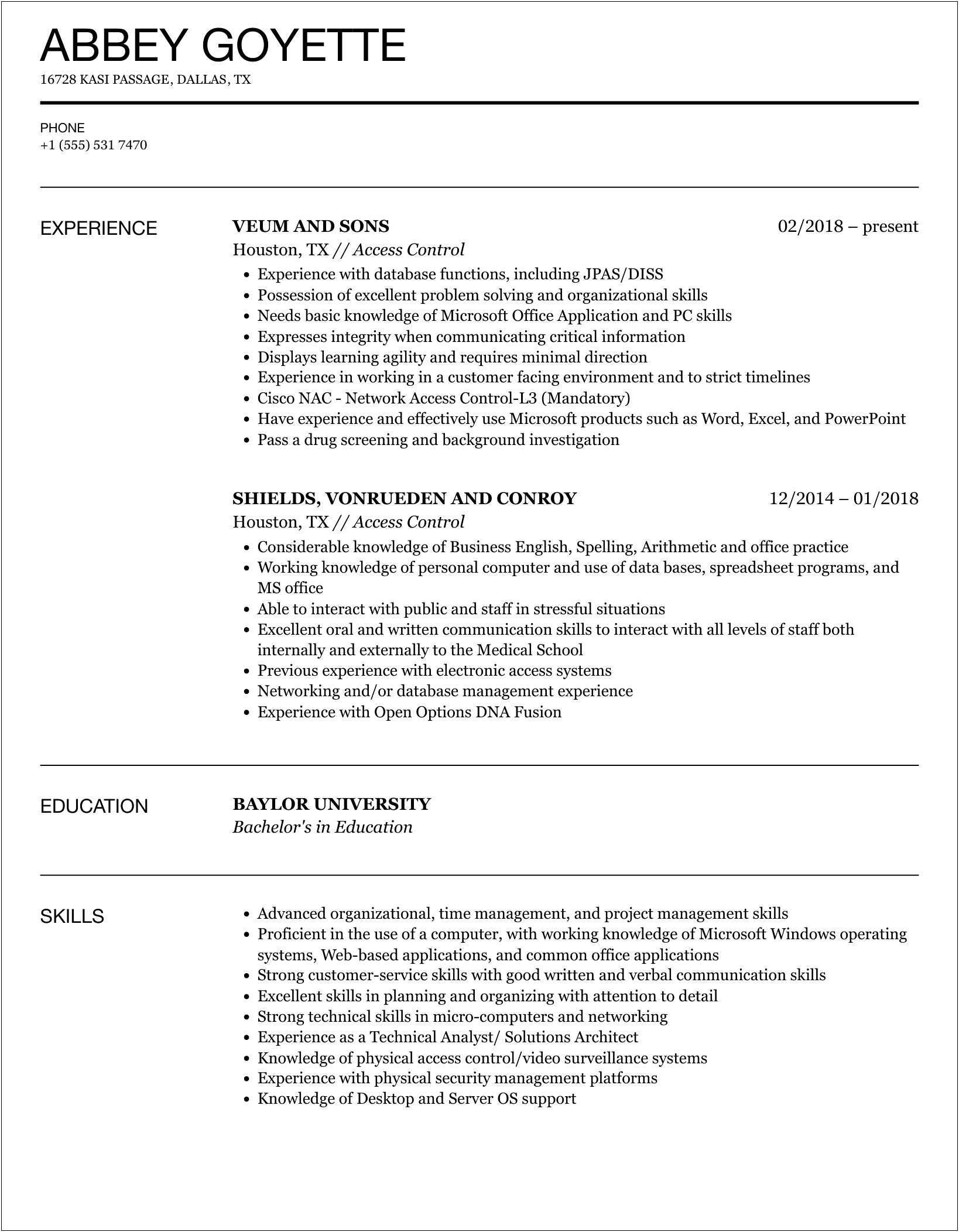 Resume Example Physical Secuirty Access Control