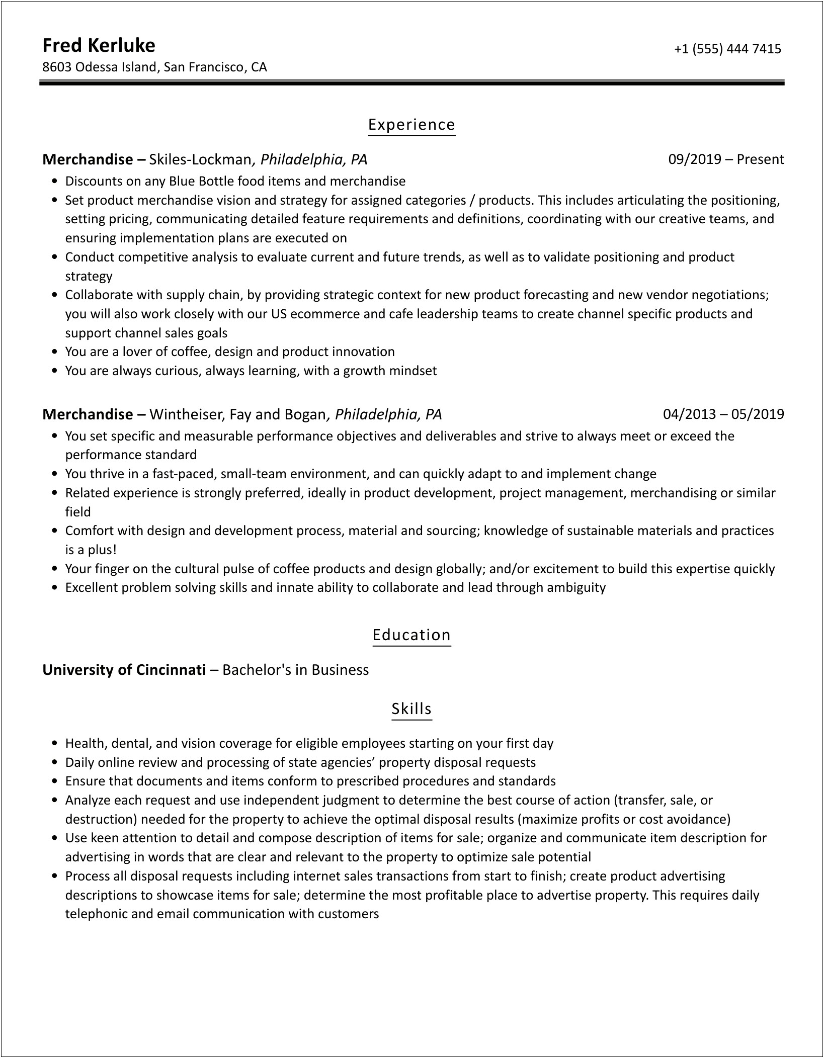 Resume Example With Pog And Merchandising Experience