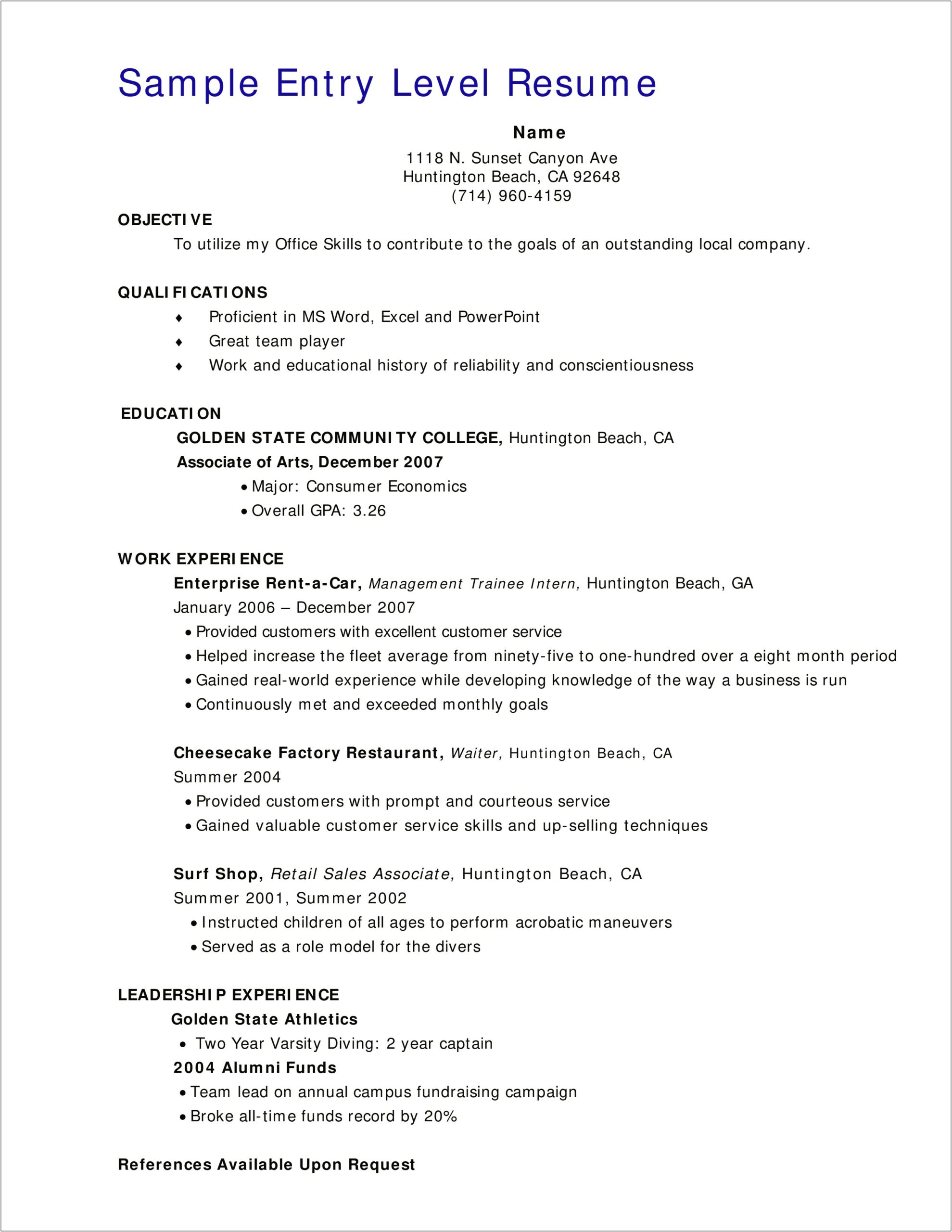 Resume Example With References Available Upon Request