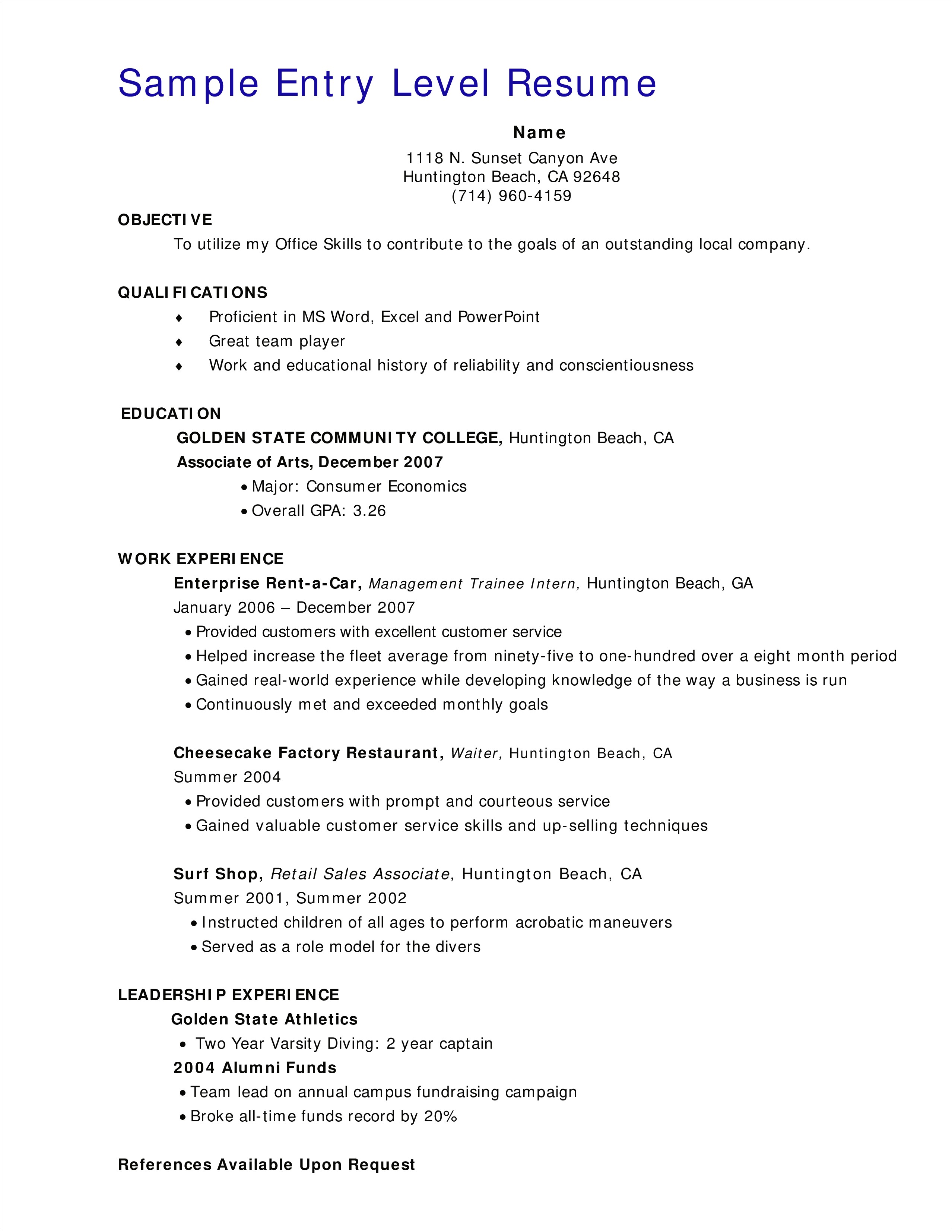 Resume Example With References Available Upon Request