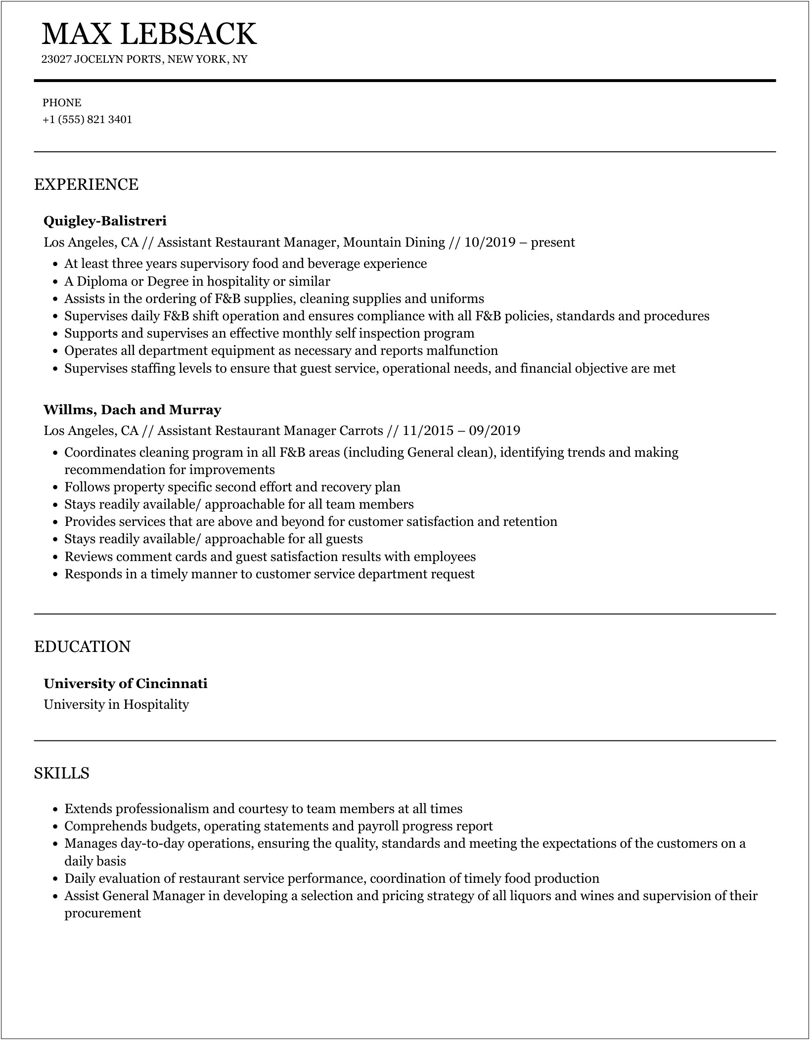 Resume Examples Assistant Amanager Mexican Restaurant