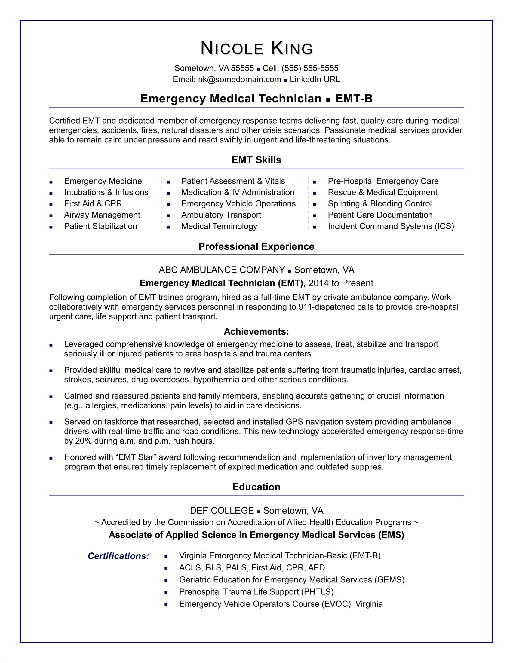 Resume Examples College With Emt Experience