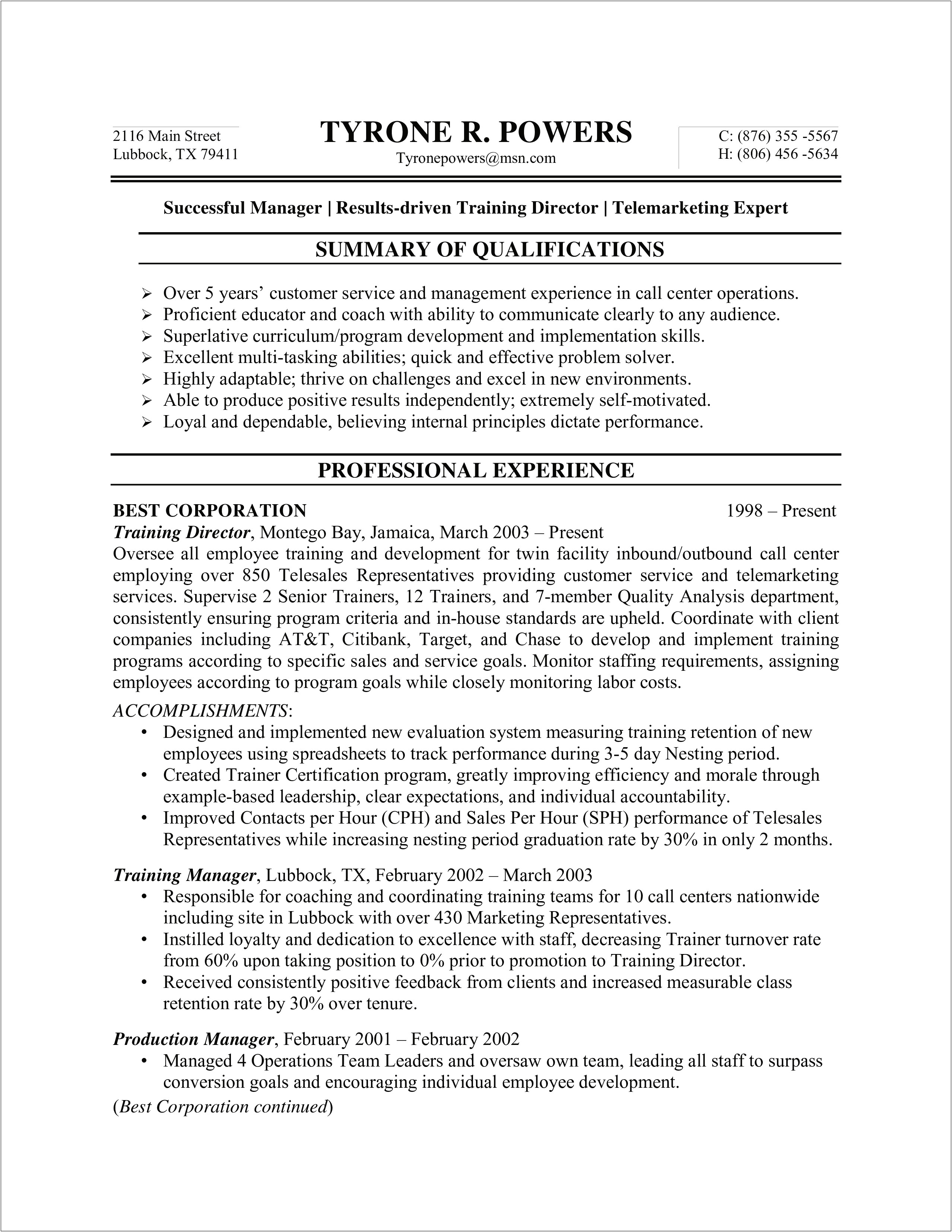 Resume Examples Customer Service Call Centere