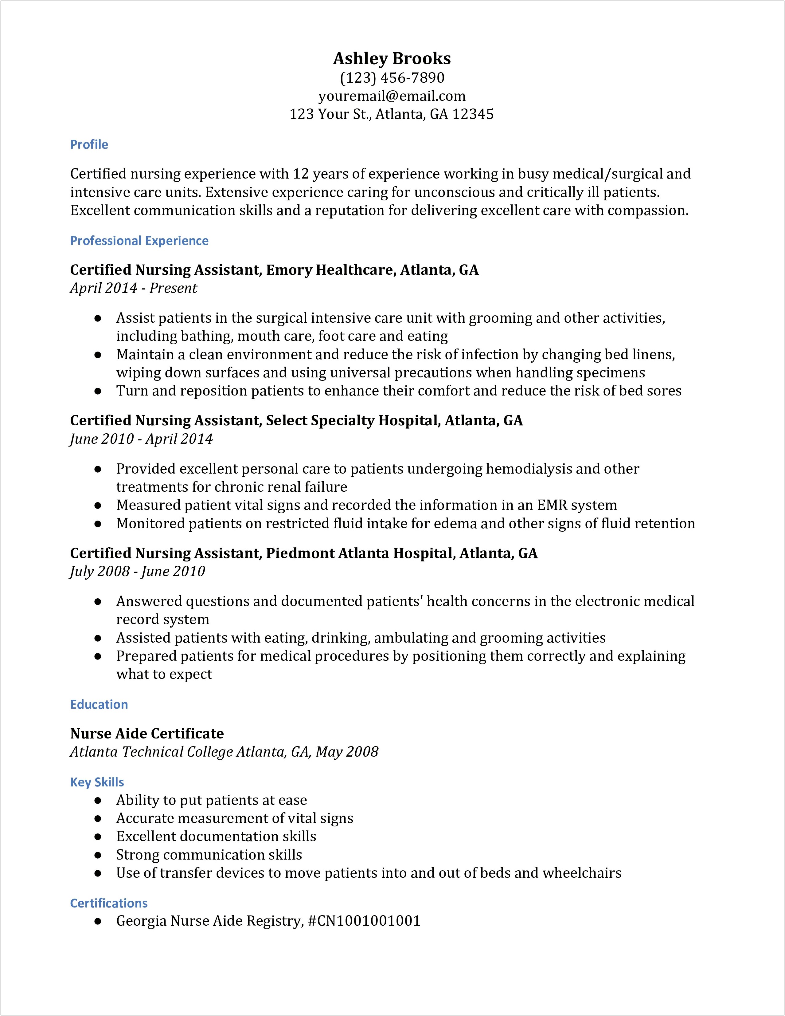 Resume Examples For A Certified Nurse Aide