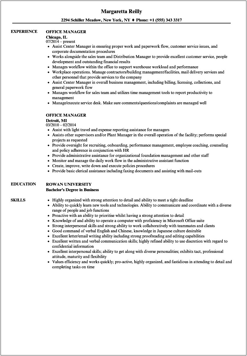 Resume Examples For A Office Manager