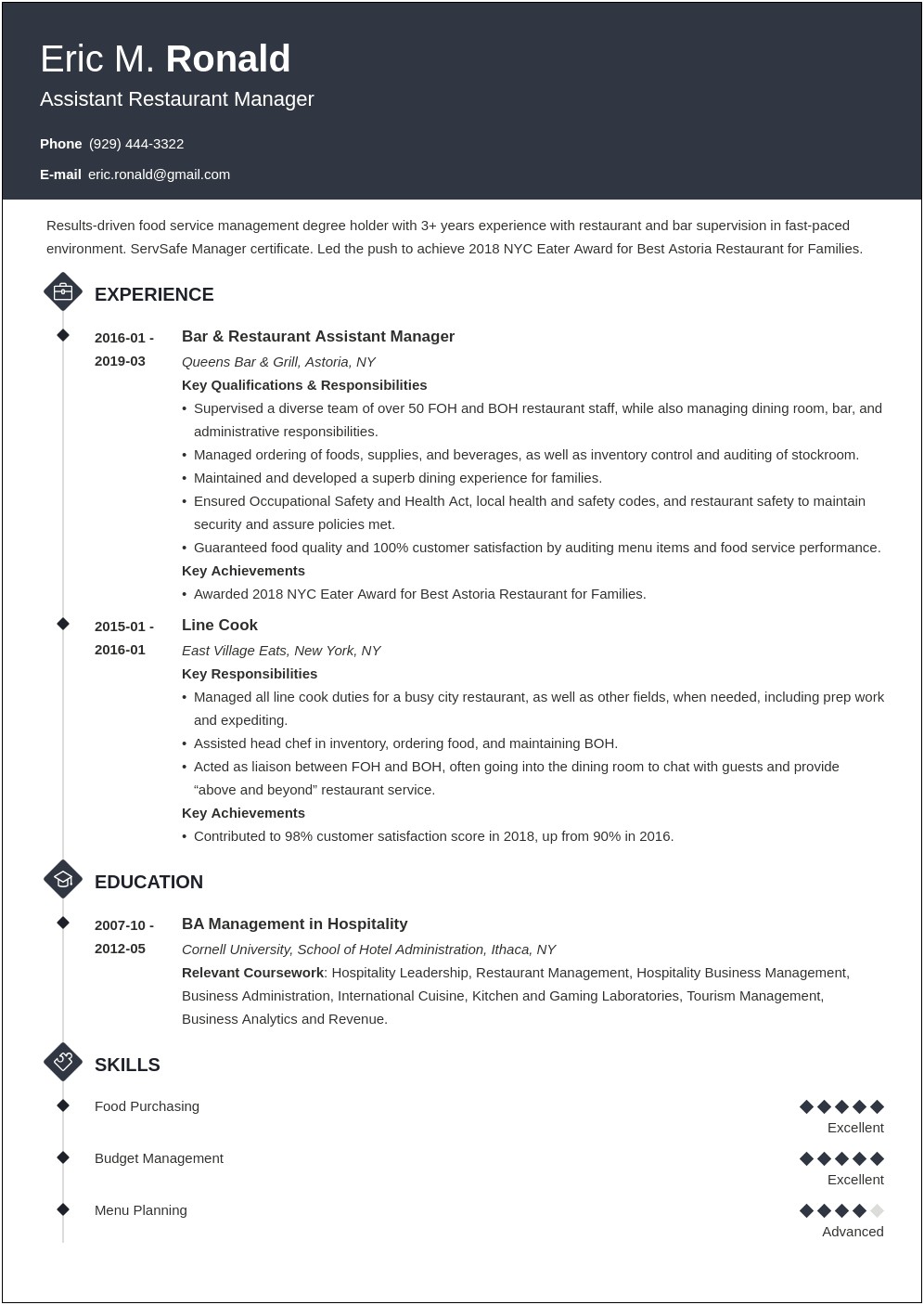 Resume Examples For A Restaurant Manager