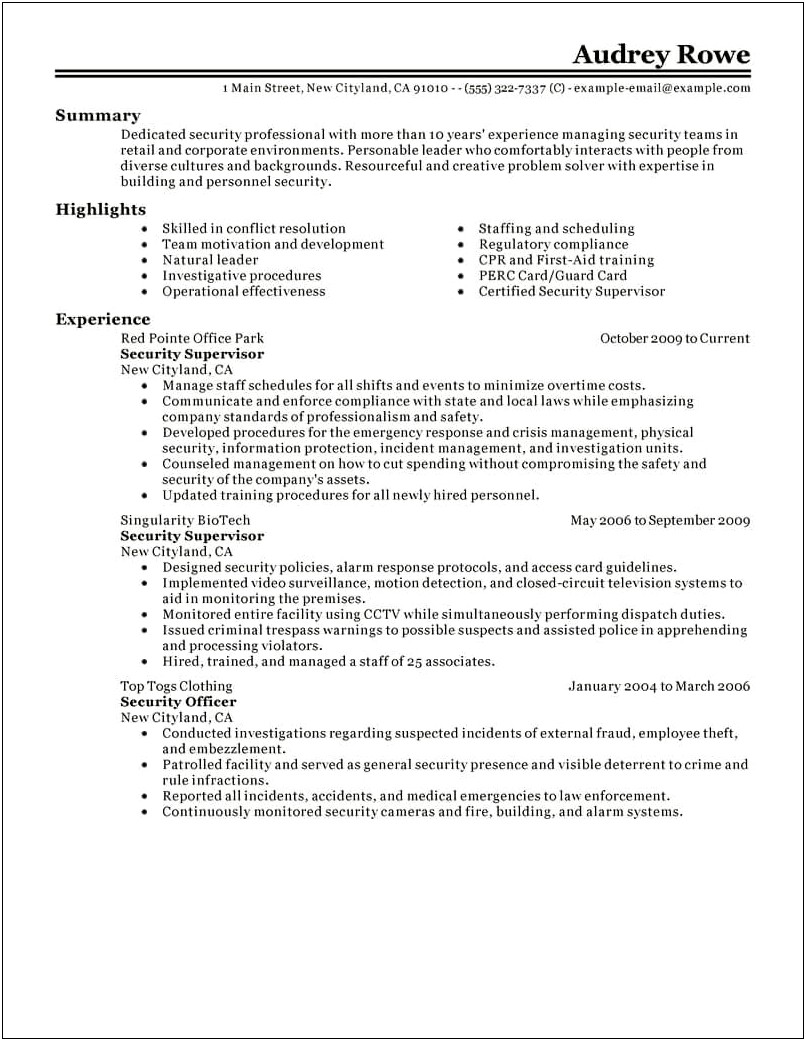 Resume Examples For A Security Job