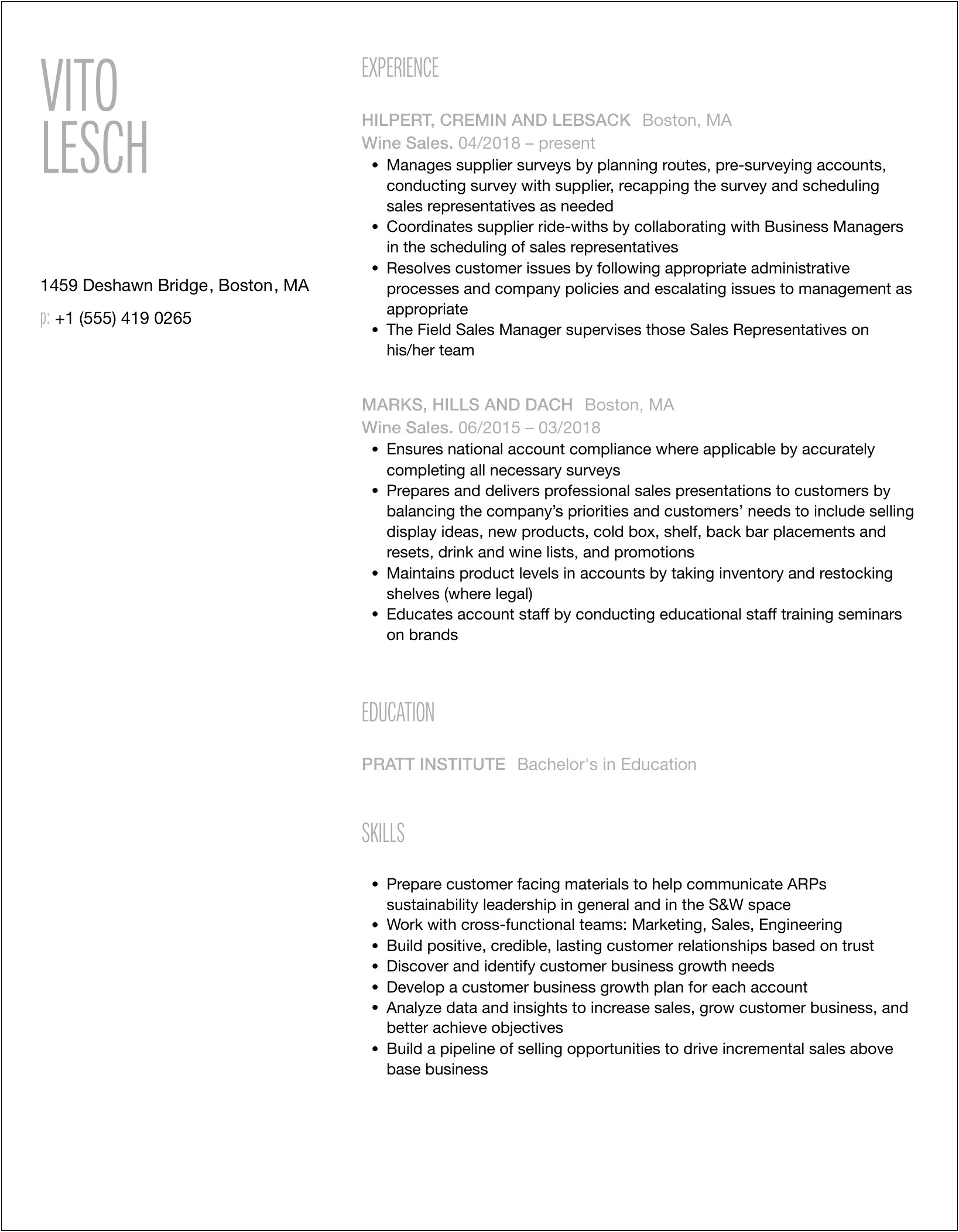 Resume Examples For A Wine Salesman