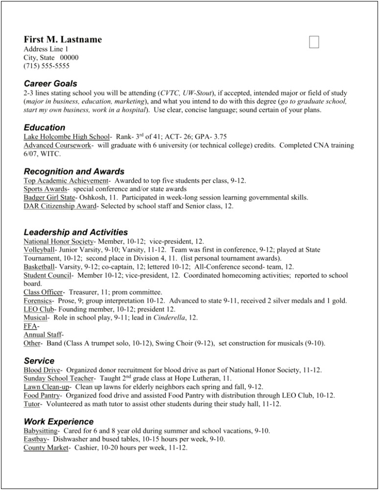 Resume Examples For Babysitting For Middle Schoolers