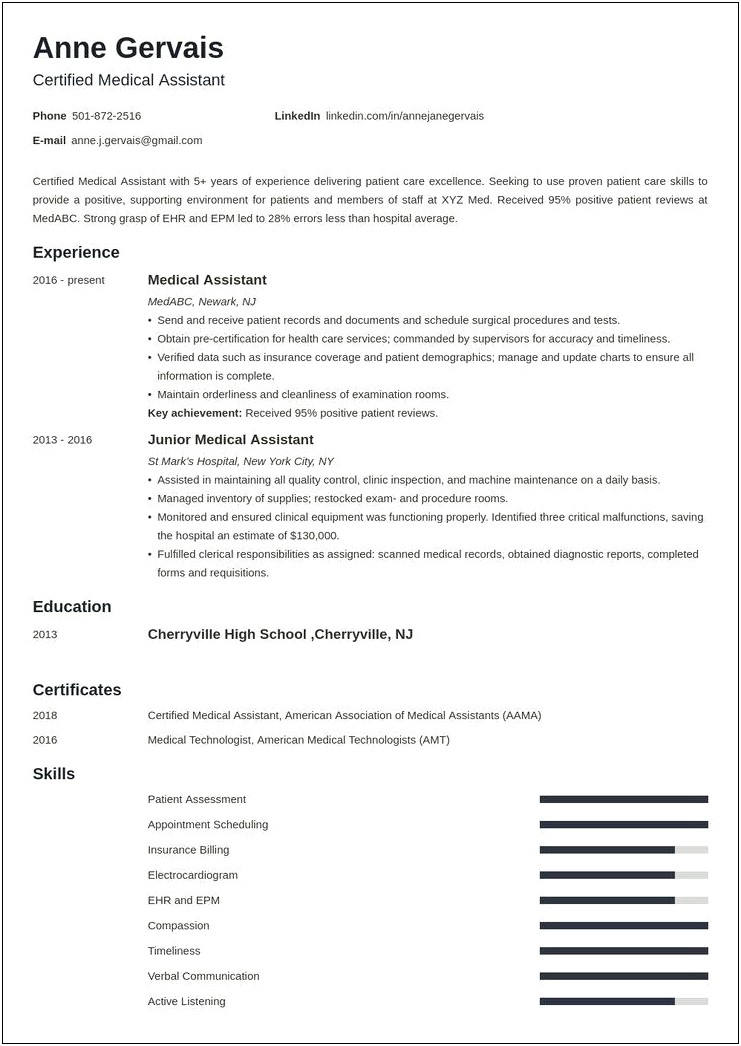 Resume Examples For Basic Medical Field