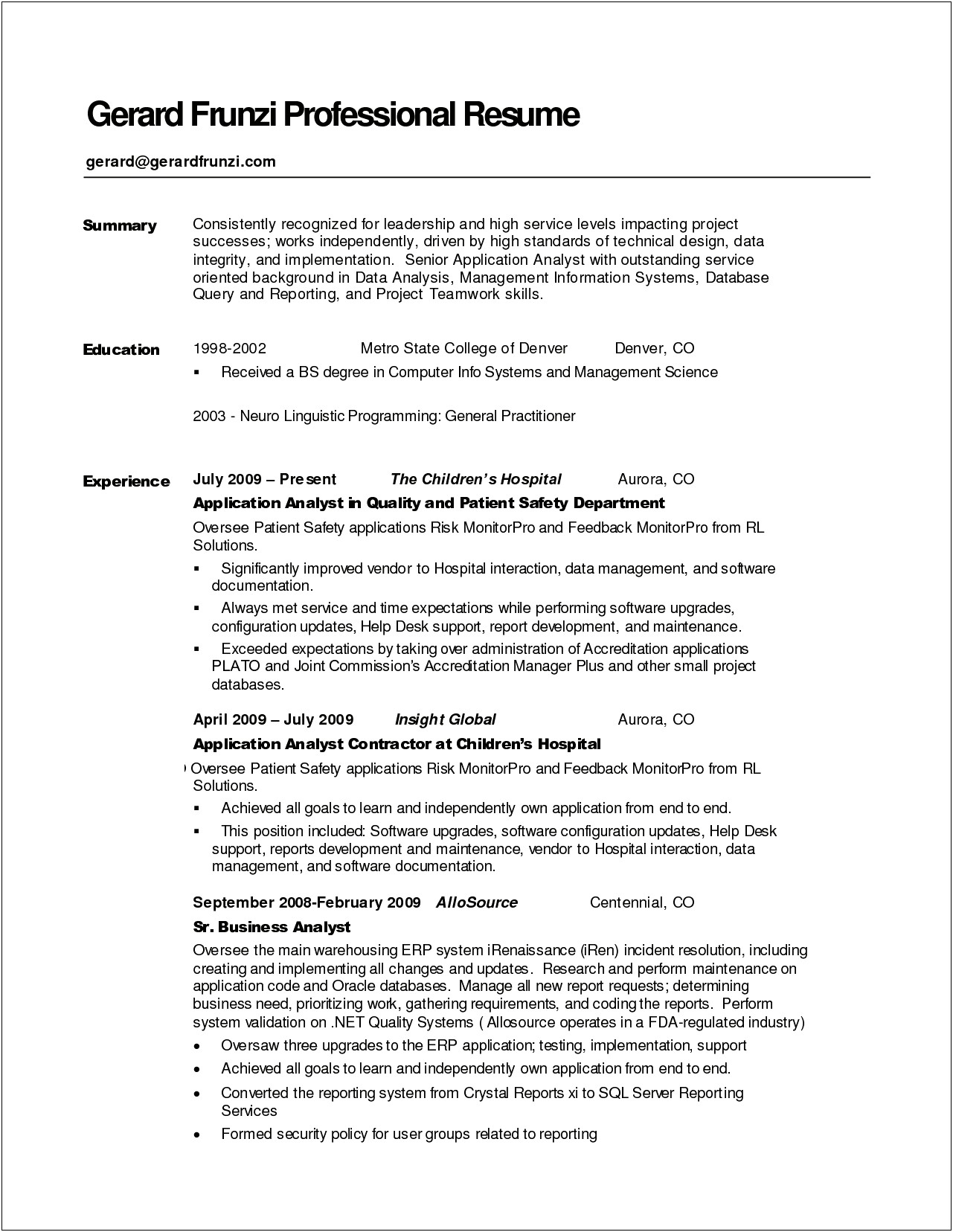 Resume Examples For Breif Summary And Backround