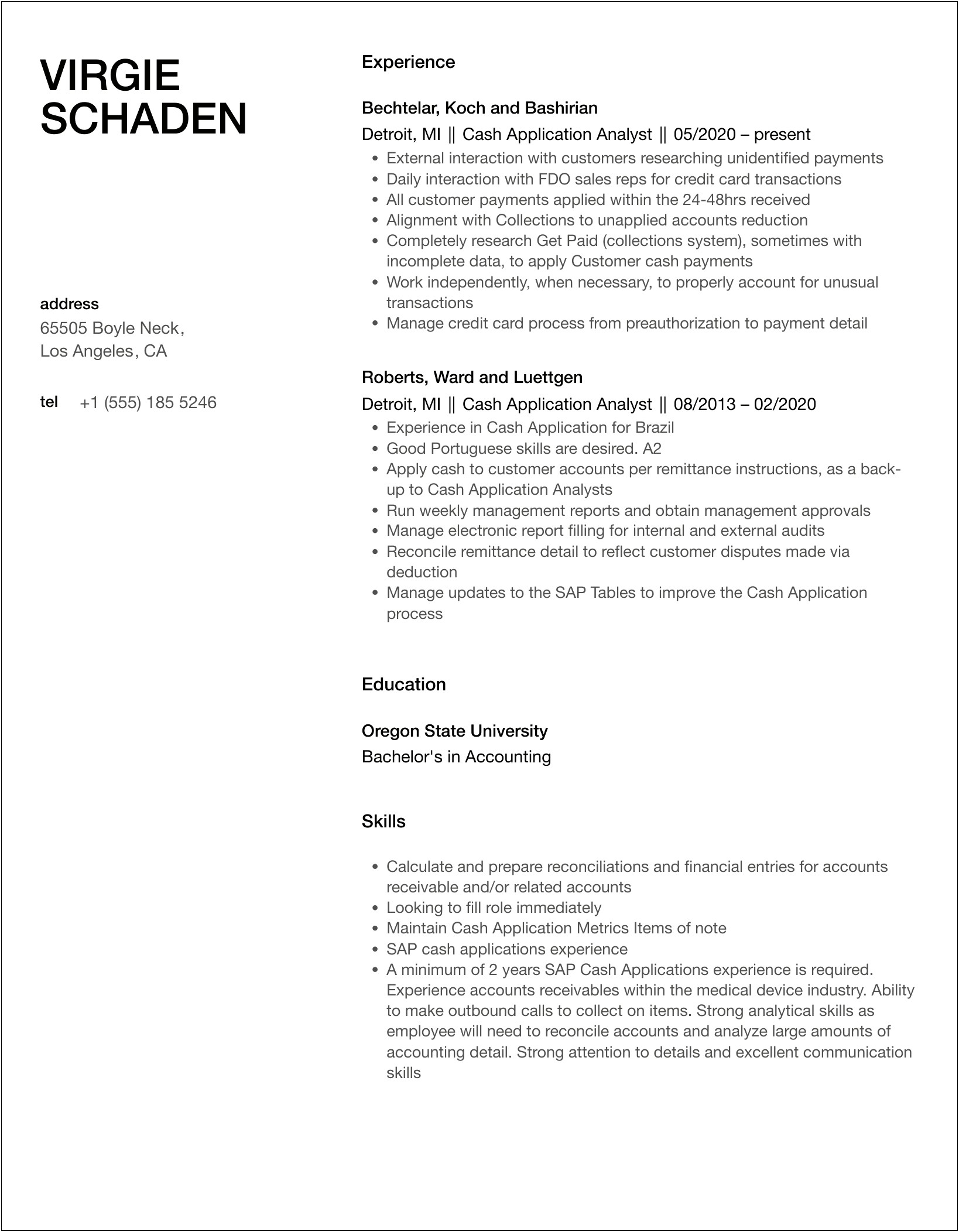 Resume Examples For Cash Application Specialist