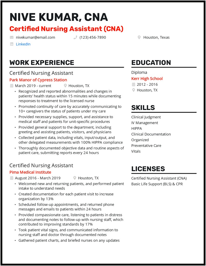 Resume Examples For Cna With Experience