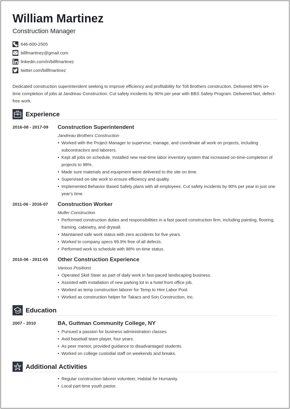 Resume Examples For Construction Crew Leader