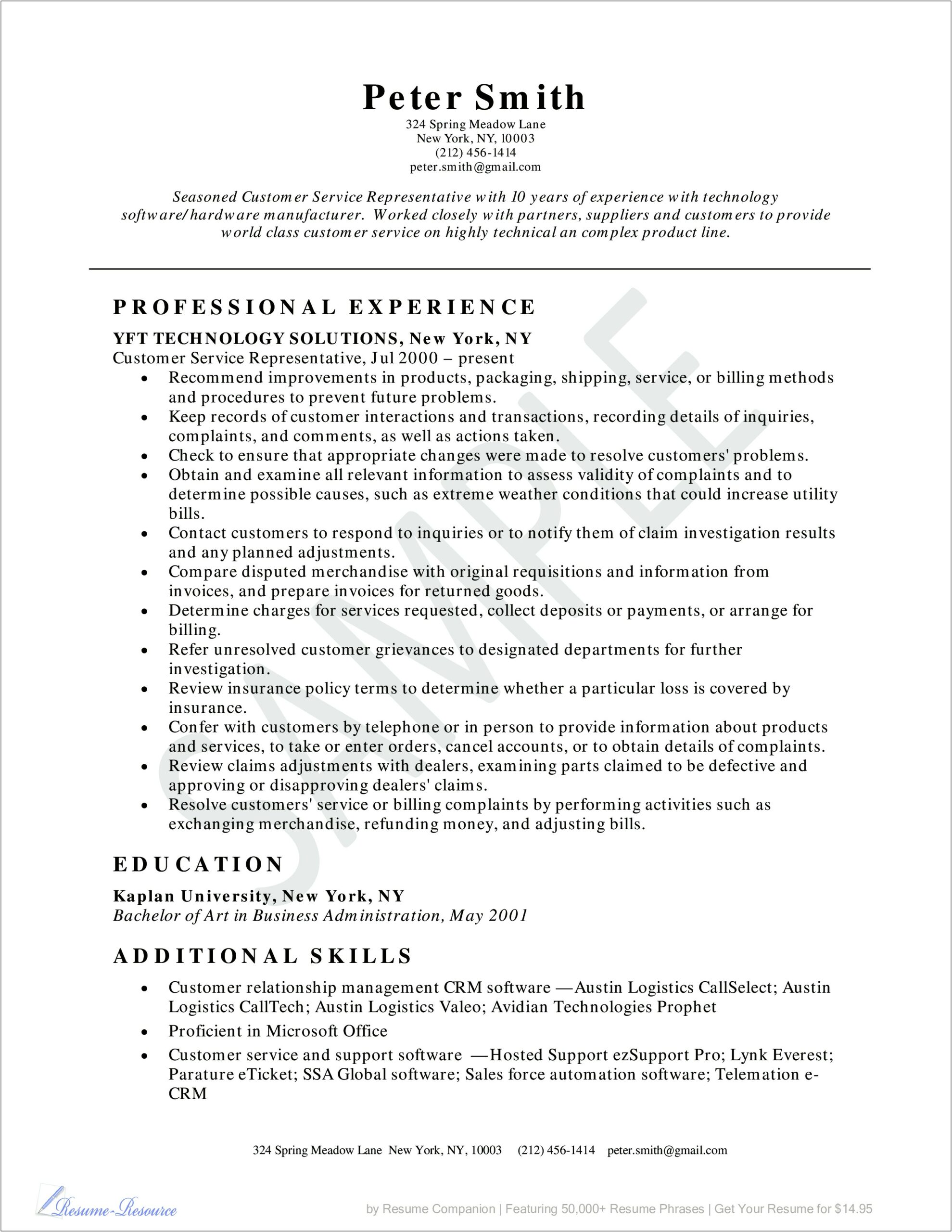 Resume Examples For Customer Service Position