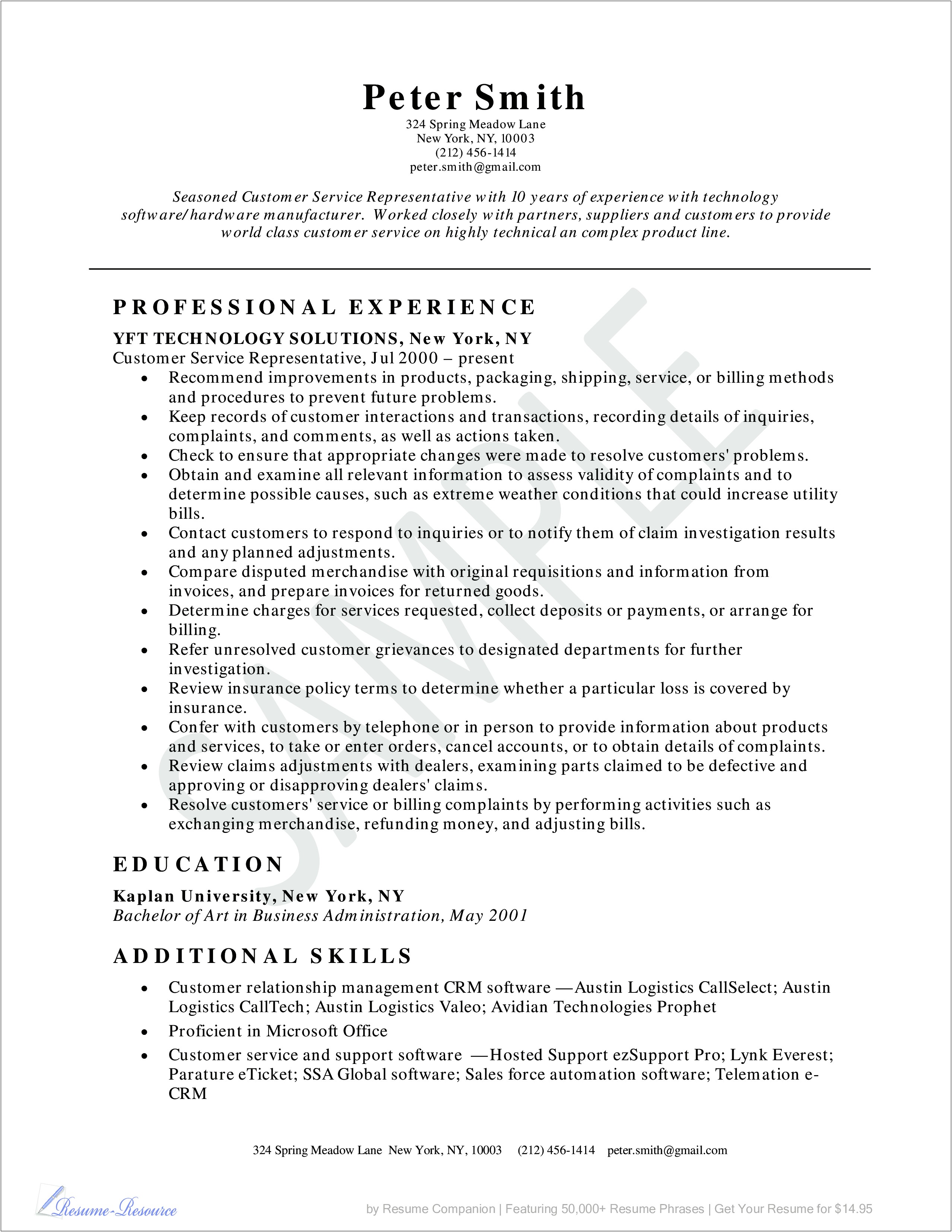 Resume Examples For Customer Service Position