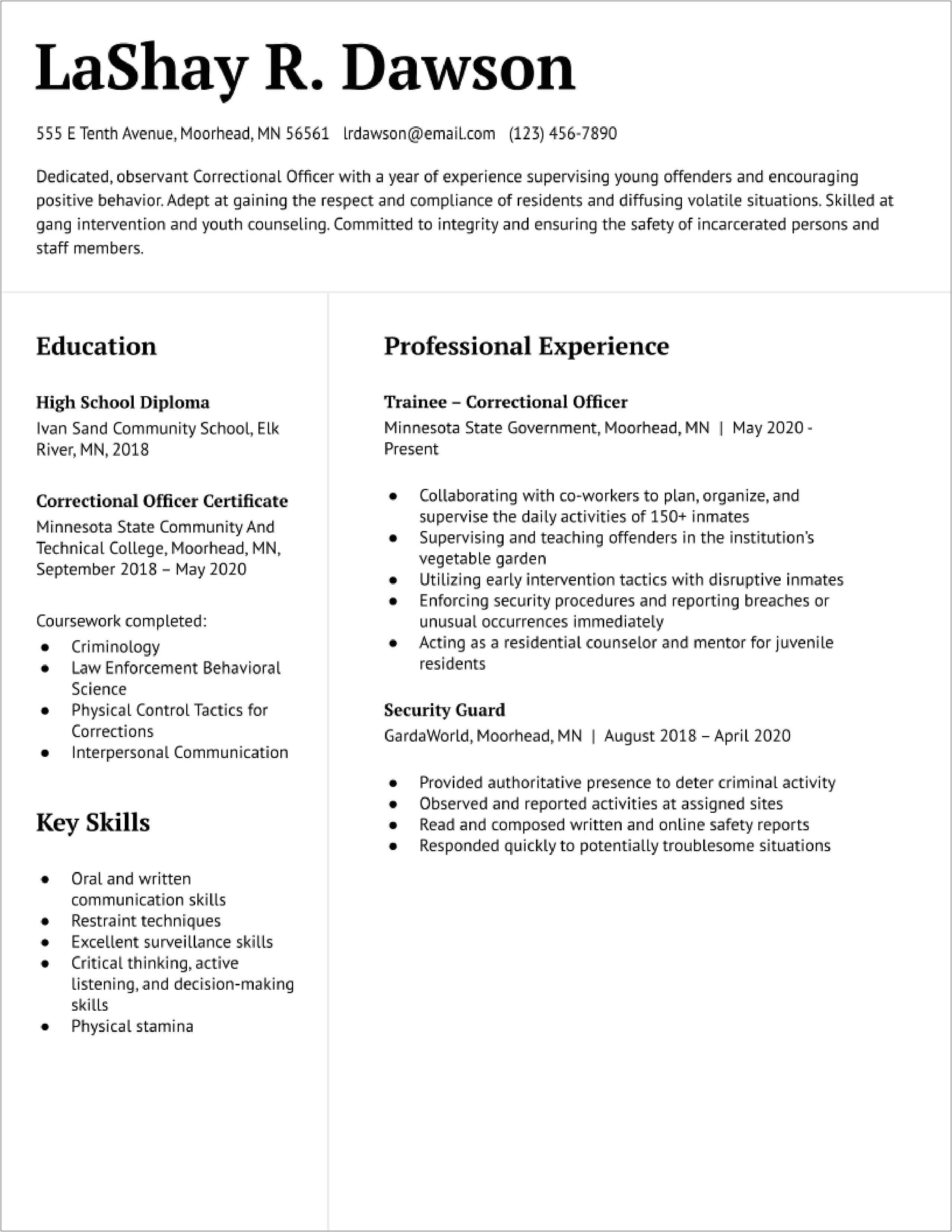 Resume Examples For Department Of Corrections