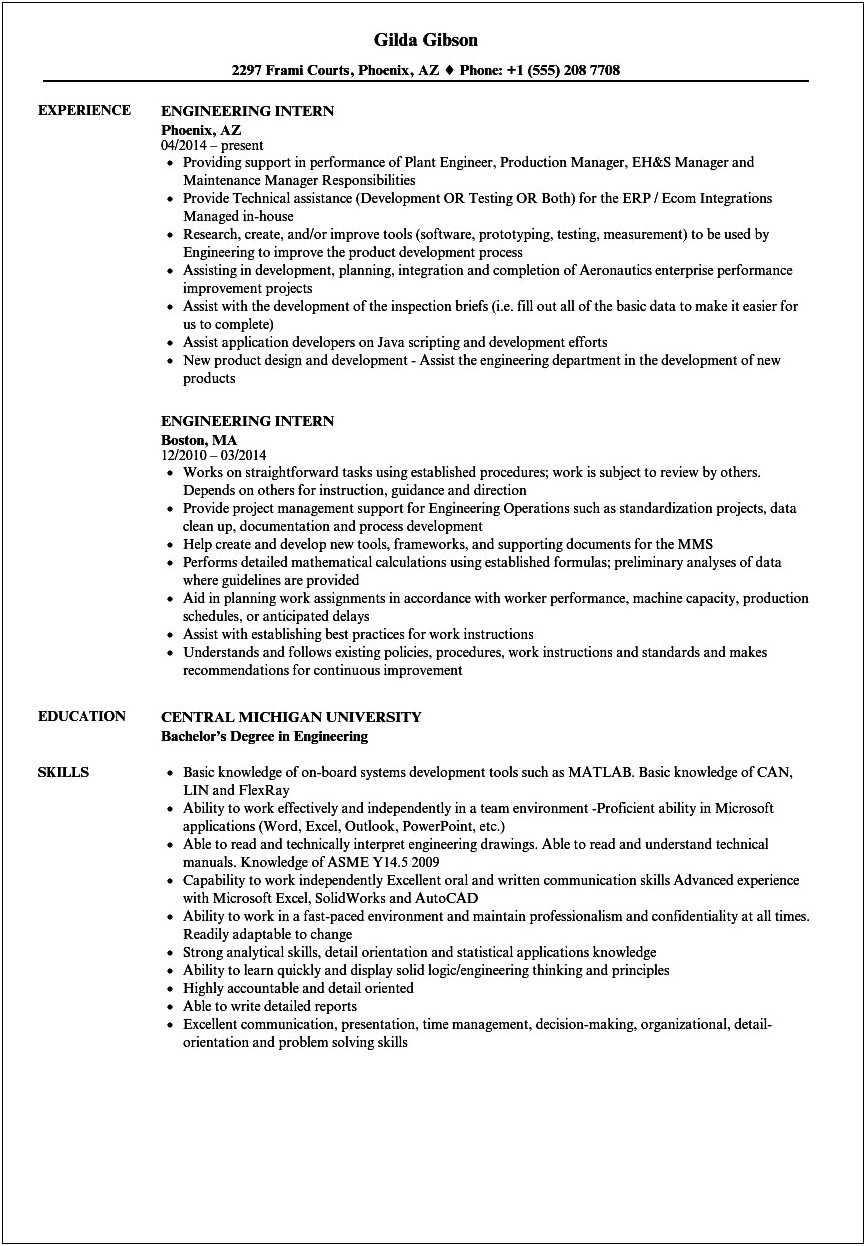 Resume Examples For Engineering Student Internship