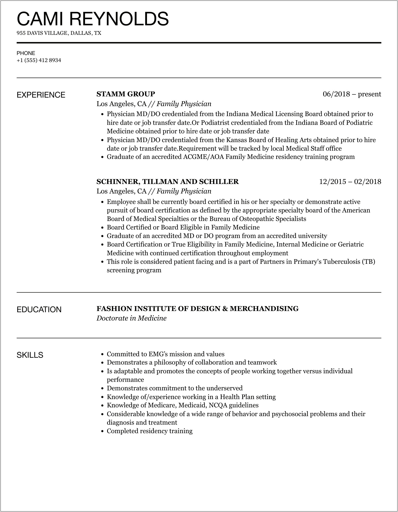 Resume Examples For Family Practice Post Residency Positions