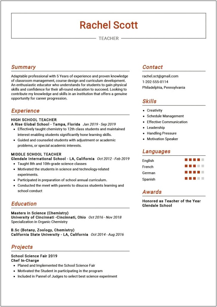 Resume Examples For High School Teachers