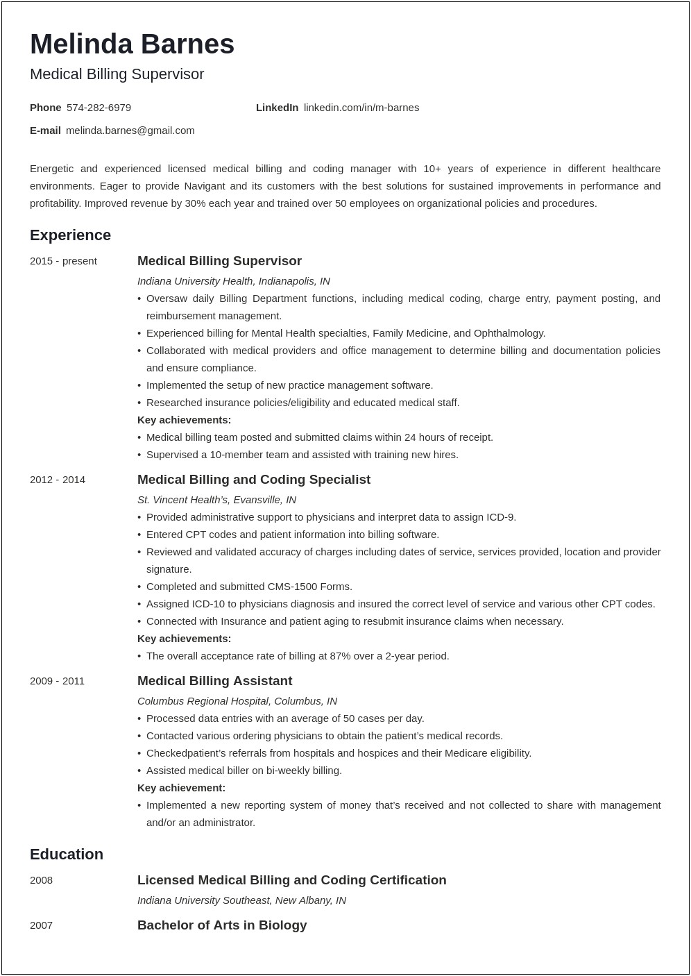 Resume Examples For Medical Billing No Experience