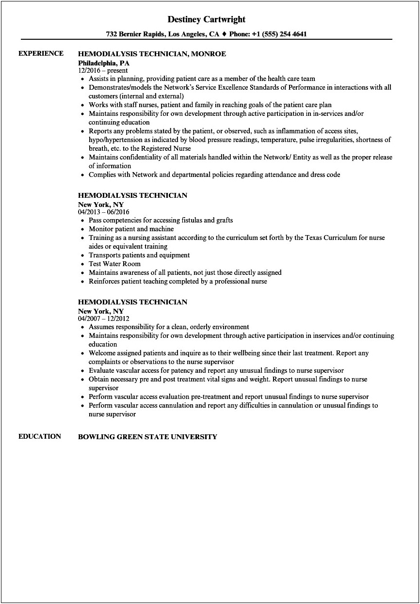 Resume Examples For Potential Dialysis Technician