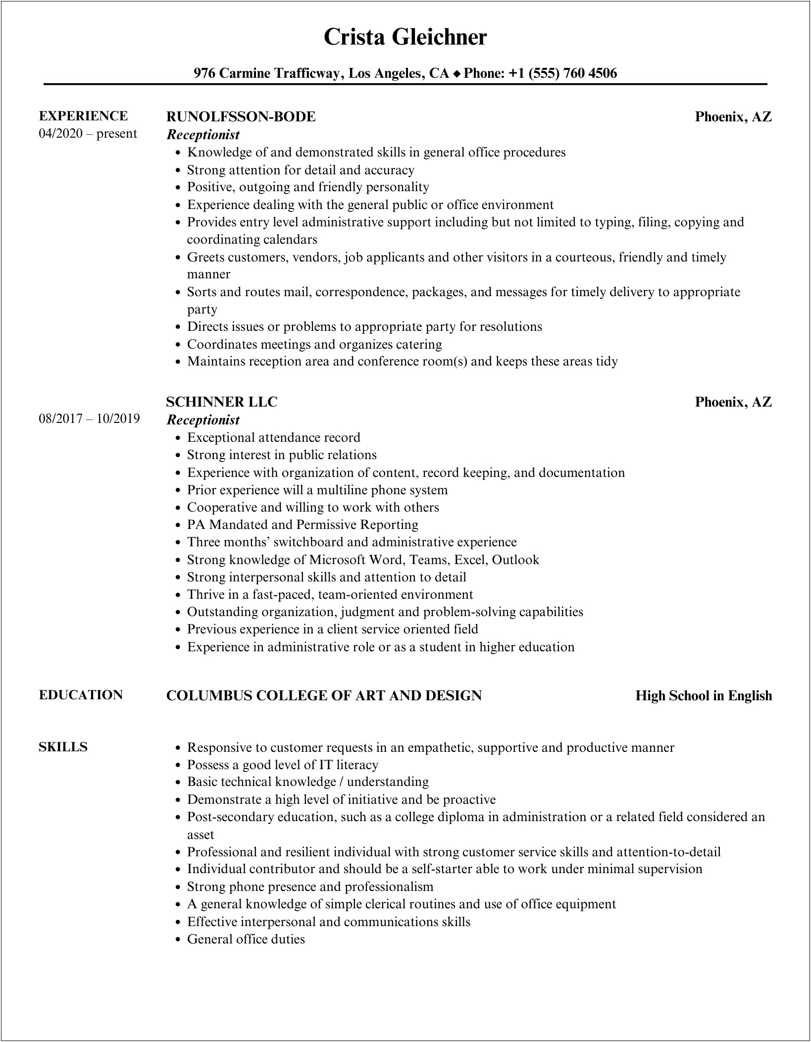 Resume Examples For Receptionists And Dietary