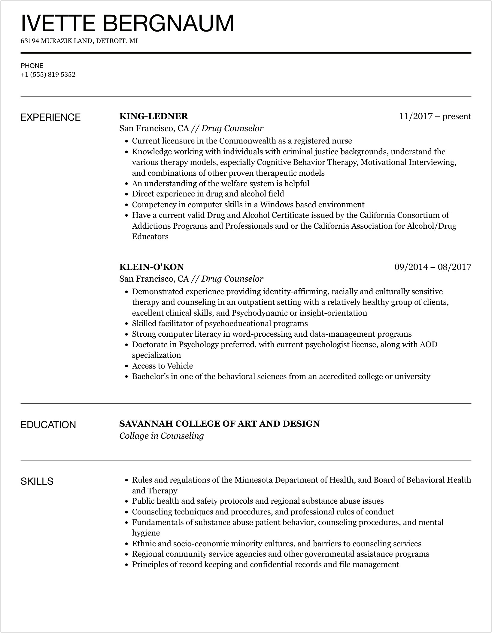 Resume Examples For Substance Abuse Counselor