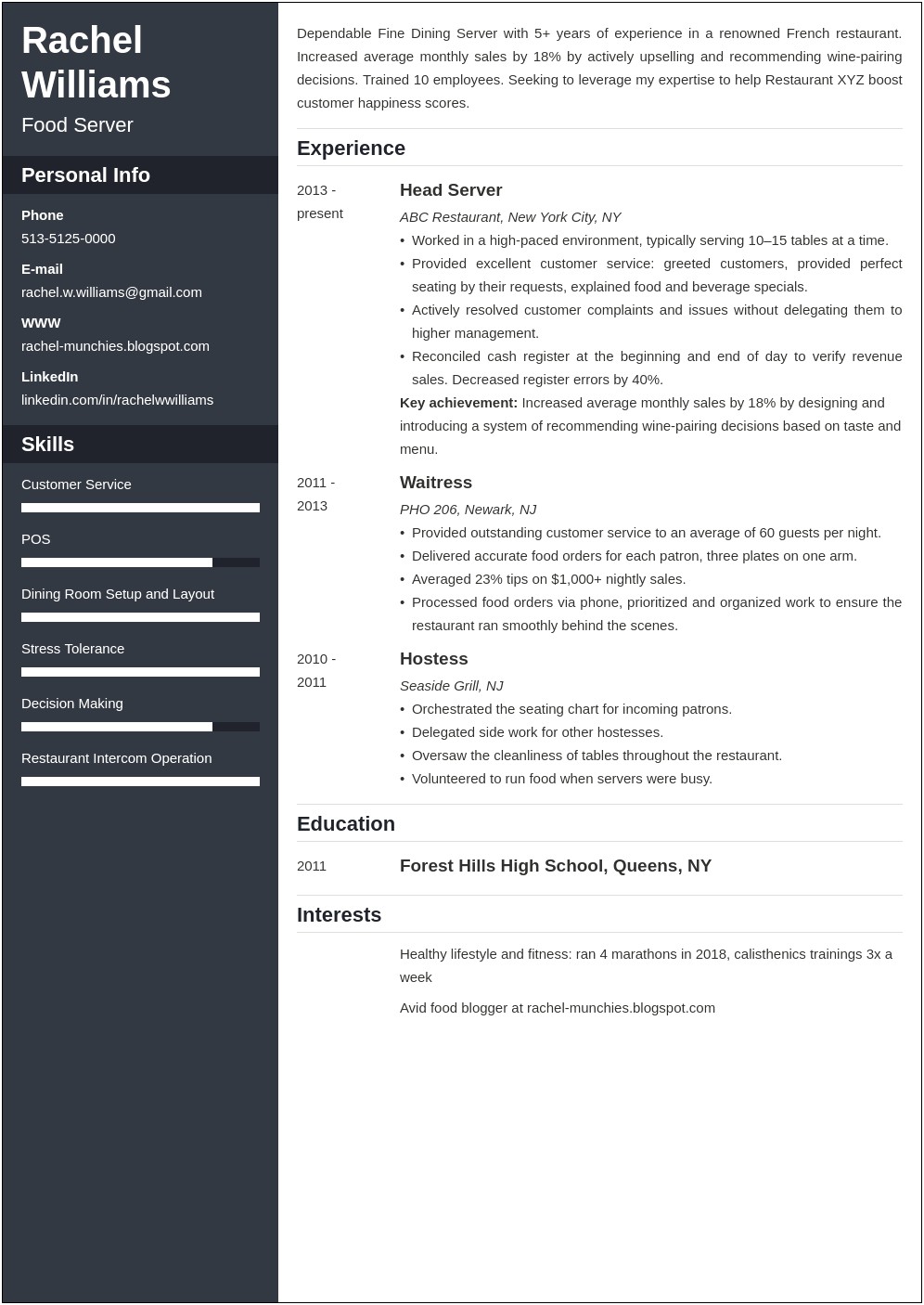 Resume Examples Job Description Fast Food