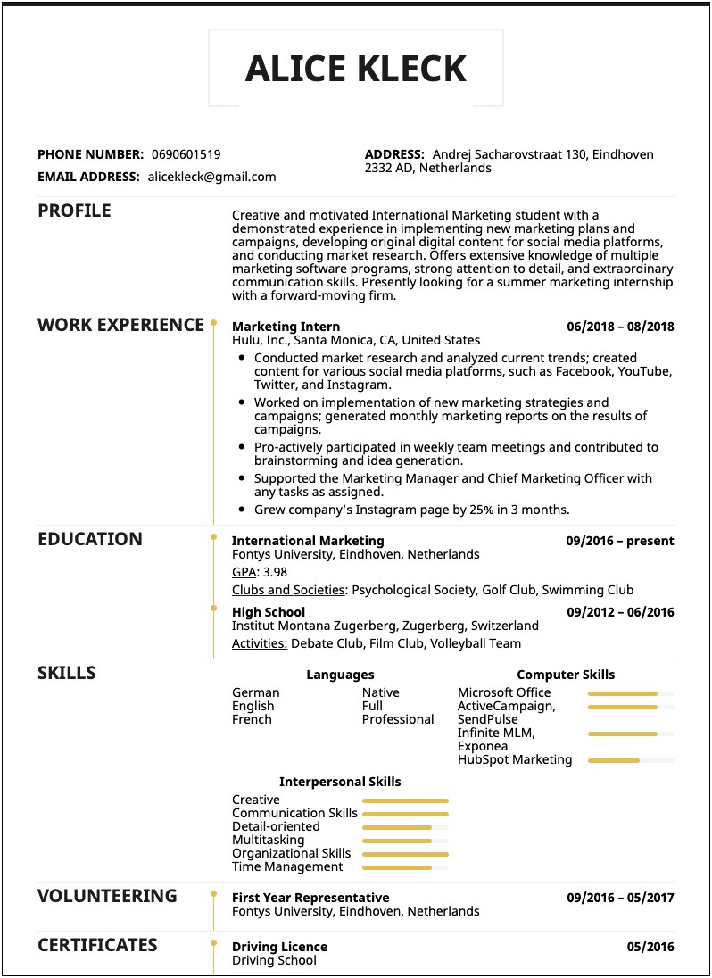 Resume Examples Of Students With Multiple Addresses