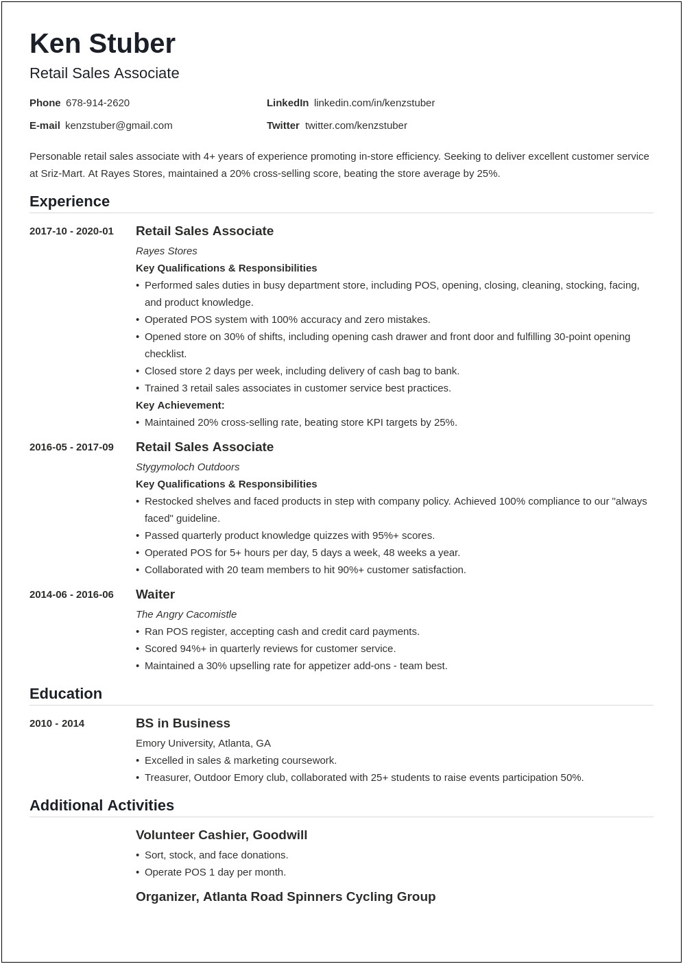 Resume Examples Sales Associate Collectables Gift Store