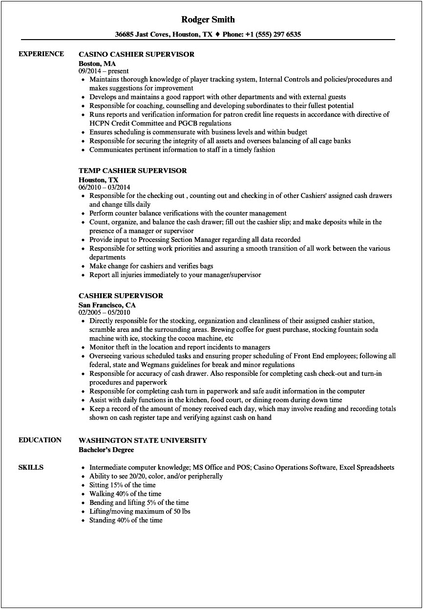 Resume Examples To Work As A Cashier